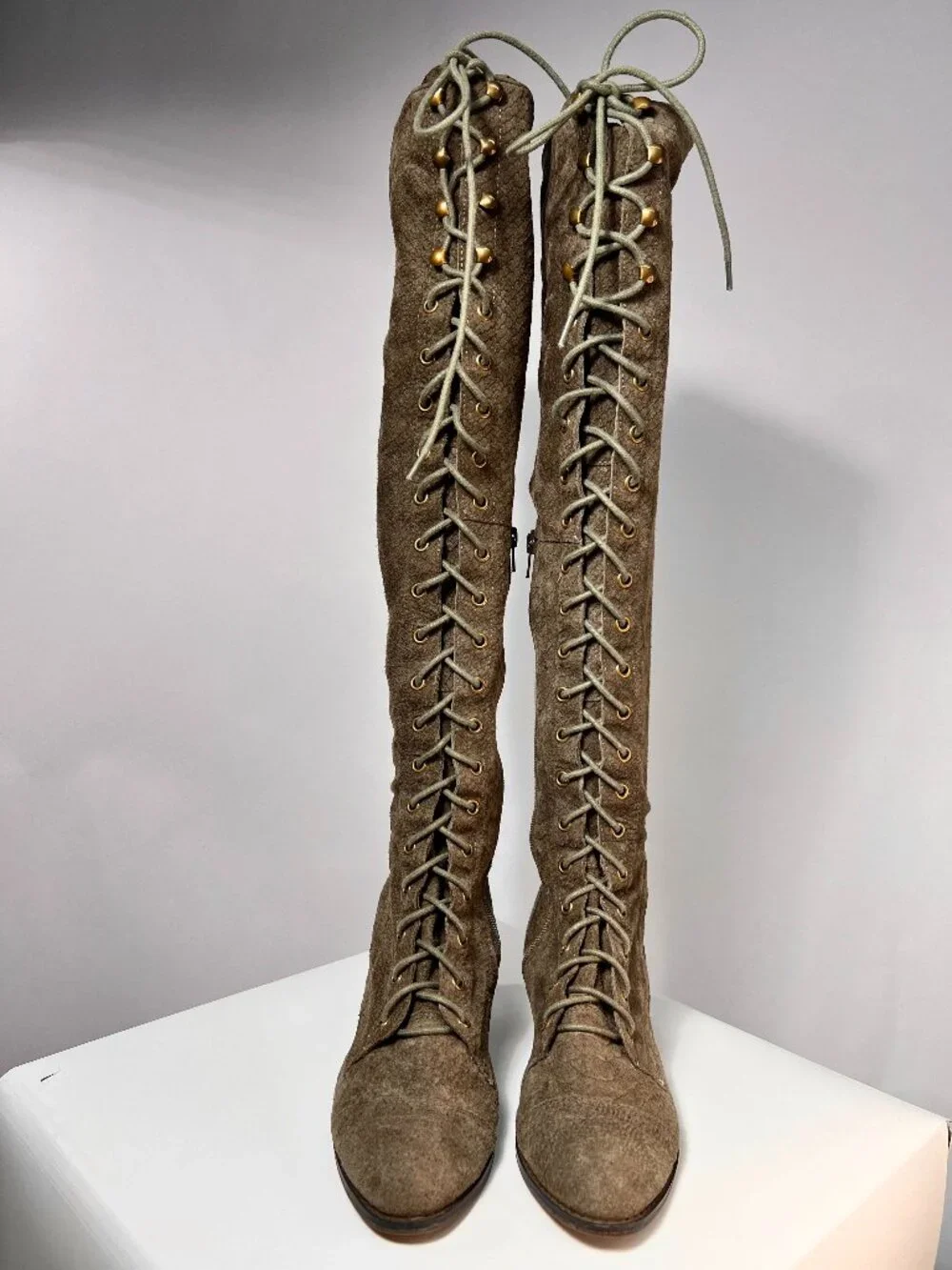 Jeffrey Campbel x Free People Joe Suede Lace Up Over The Knee Boots Sage 9 LNWOT